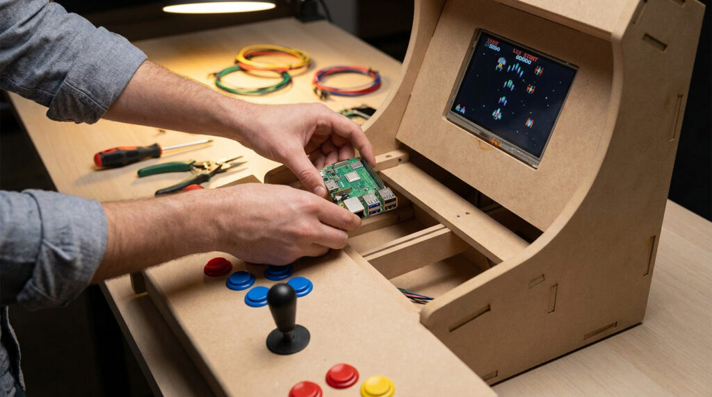 Mains installant un Raspberry Pi dans une borne d'arcade en bois artisanale.