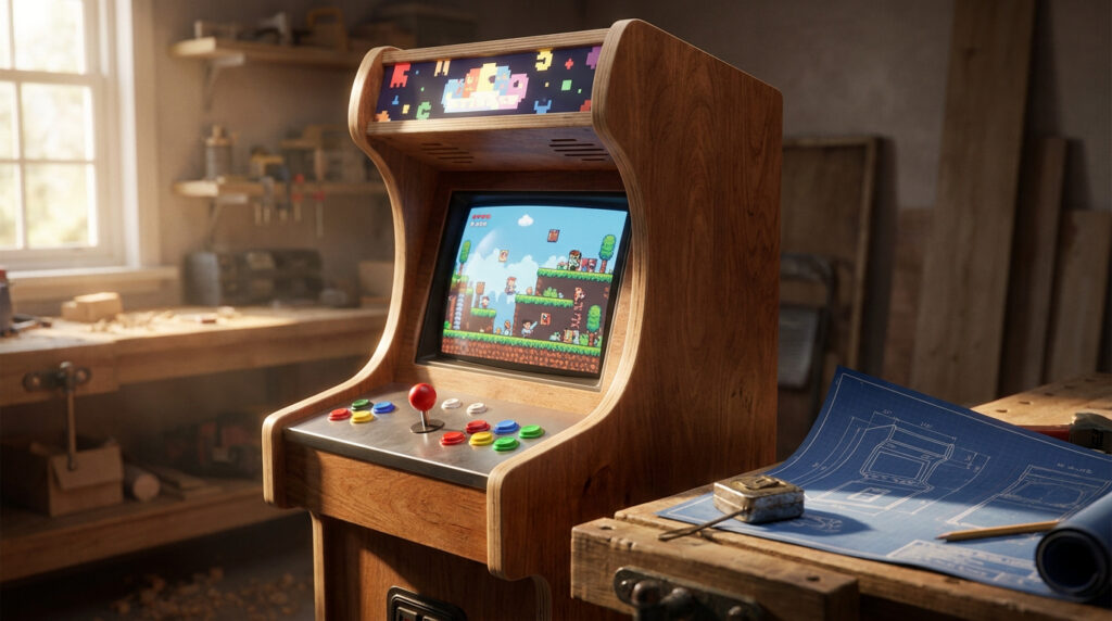 Borne d'arcade en bois rétro dans un atelier avec des plans bleus sur une table.