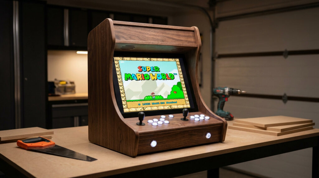 Une borne d'arcade DIY en bois sur un établi avec Super Mario World à l'écran.