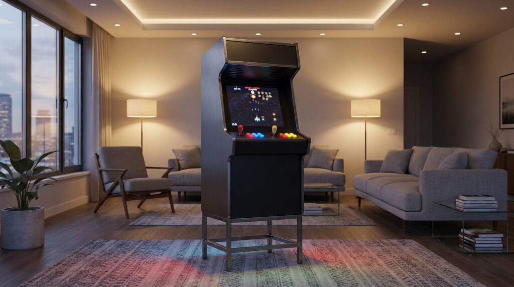 Borne d'arcade noire au centre d'un salon élégant avec canapés et éclairage chaleureux.