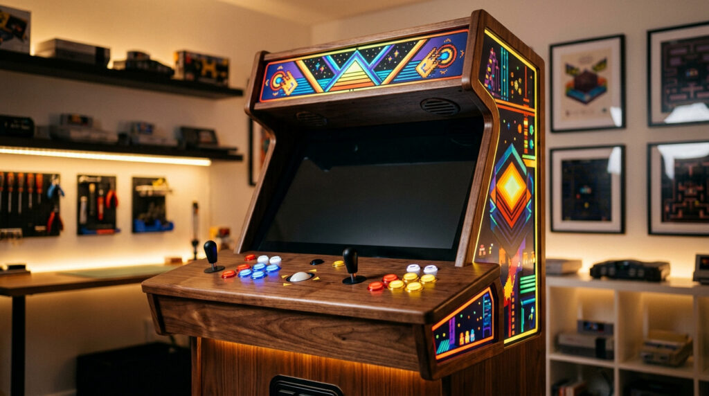 Une borne d'arcade en bois élégante avec des boutons lumineux dans une salle de jeux rétro bien décorée.