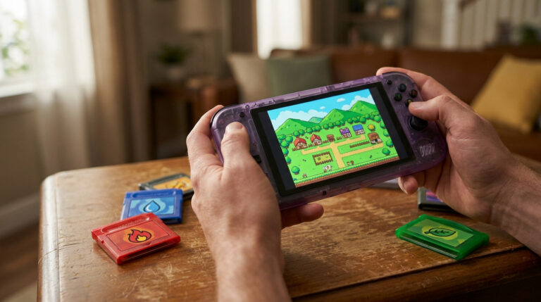 Mains tenant une console portable transparente affichant un jeu rétro de type Pokémon sur une table avec des cartouches.