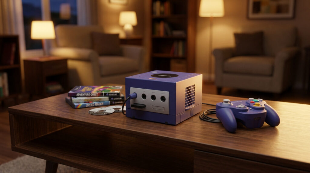 Une console Nintendo GameCube violette avec manette, jeux et disques posés sur une table de salon chaleureuse.
