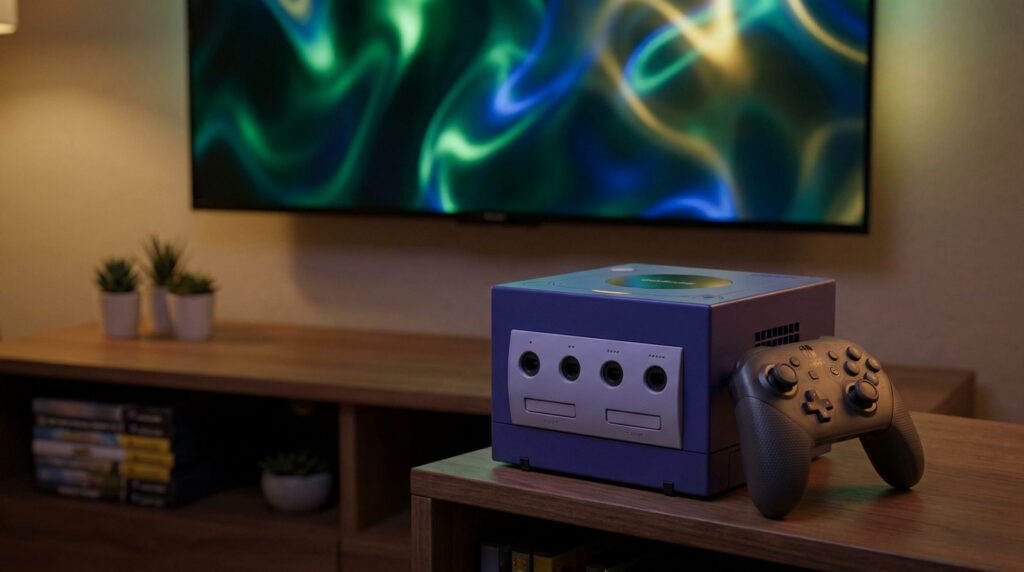 Une console Nintendo GameCube violette posée sur un meuble TV en bois avec une manette moderne à côté.