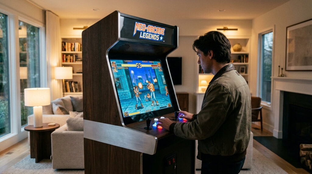 Un homme joue à une borne d'arcade rétro dans un salon élégant et moderne.