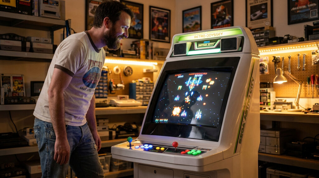 Un homme barbu joue avec passion à une borne d'arcade Sega Astro City dans une pièce remplie de jeux vidéo rétro.