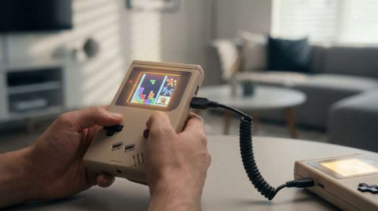Mains tenant une console Game Boy rétro avec écran éclairé connectée à une autre console par un câble spirale.