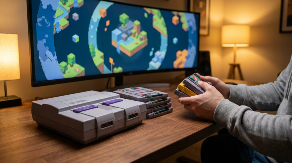 Une console Super Nintendo avec des cartouches de jeux sur un bureau face à un écran large affichant un jeu pixelisé.