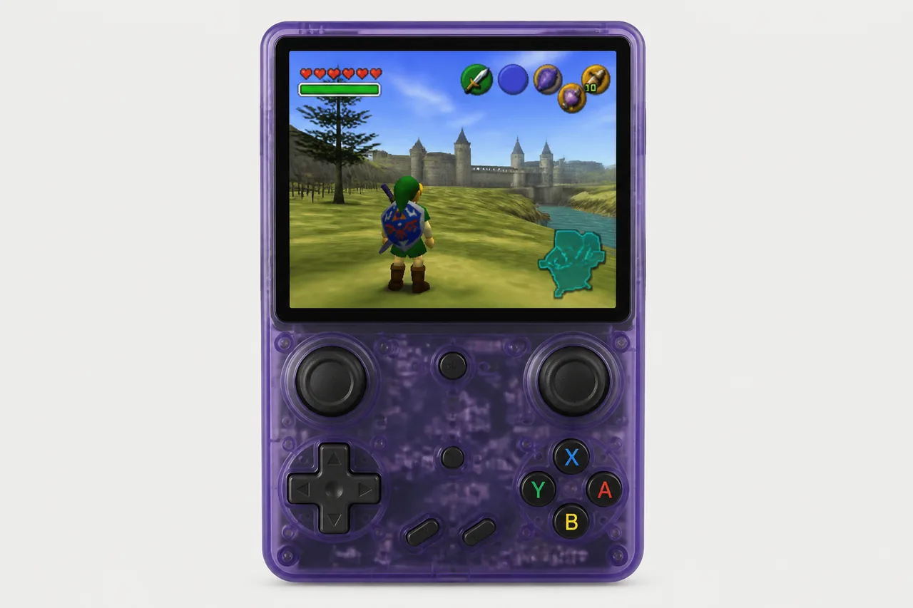 Illustration d'une console rétro portable Android à écran carré 4 pouces, catégorie Anbernic RG406V