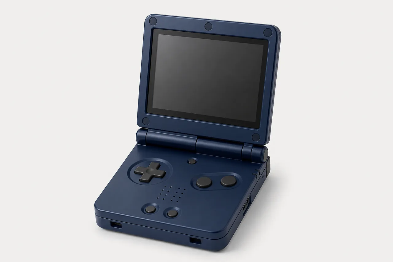 Illustration d'une console rétro portable à clapet ouverte, format Miyoo Flip 2 et Anbernic RG35XX SP