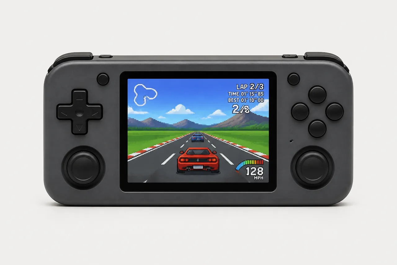 Illustration d'une console rétro portable horizontale avec sticks et gâchettes, catégorie Anbernic RG35XX H