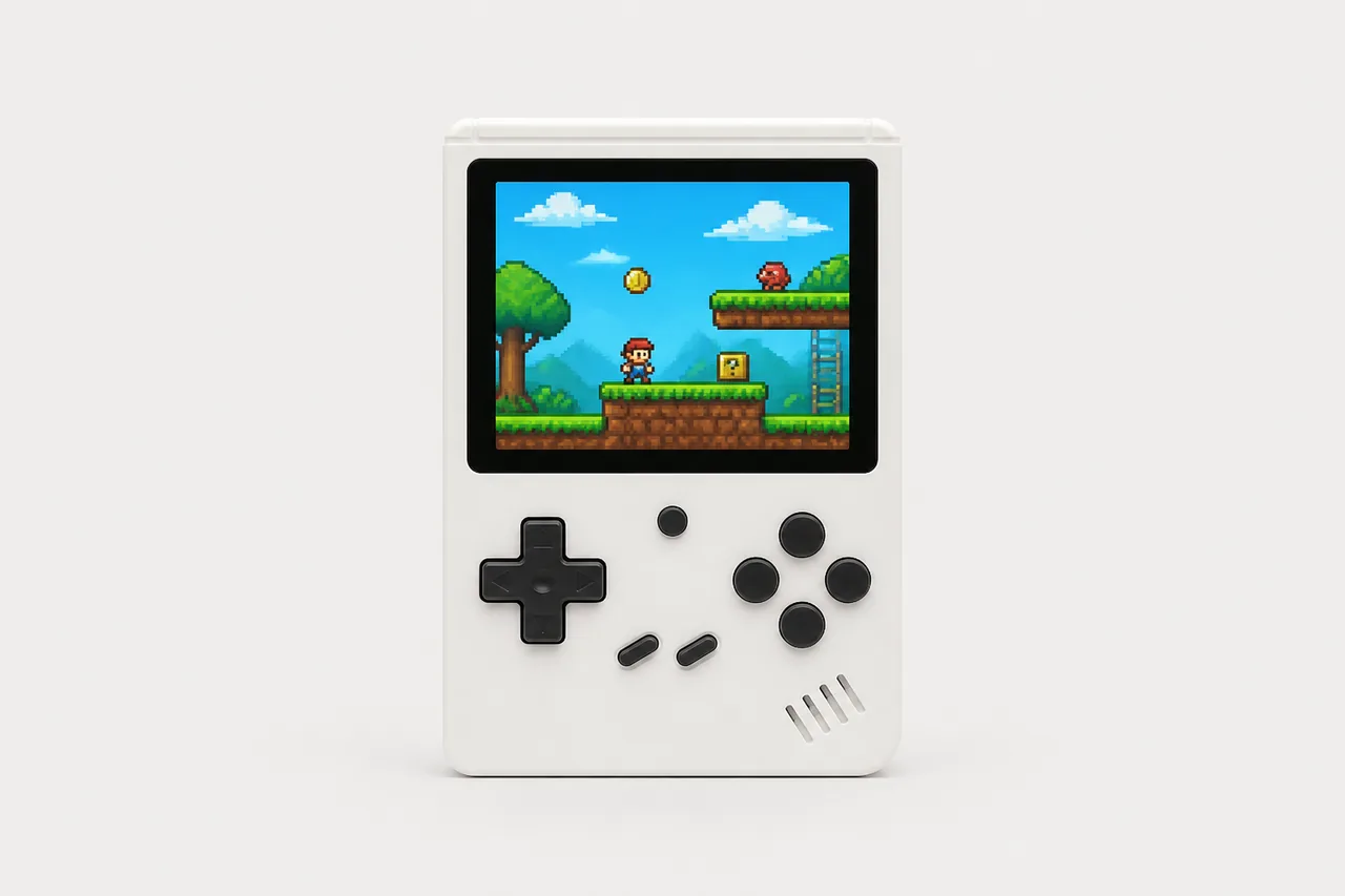 Illustration d'une console rétro portable au format vertical façon Game Boy, catégorie Miyoo Mini+