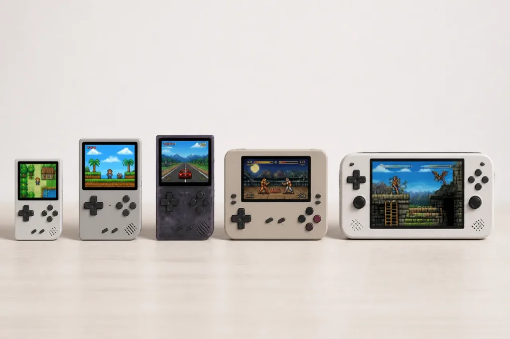 Cinq consoles rétrogaming portables alignées de la plus petite à la plus grande, TOP 5 2026