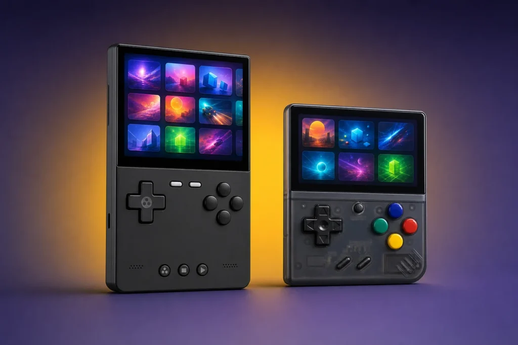 Miyoo Mini Plus et TrimUI Brick côte à côte, comparatif des deux consoles rétro portables