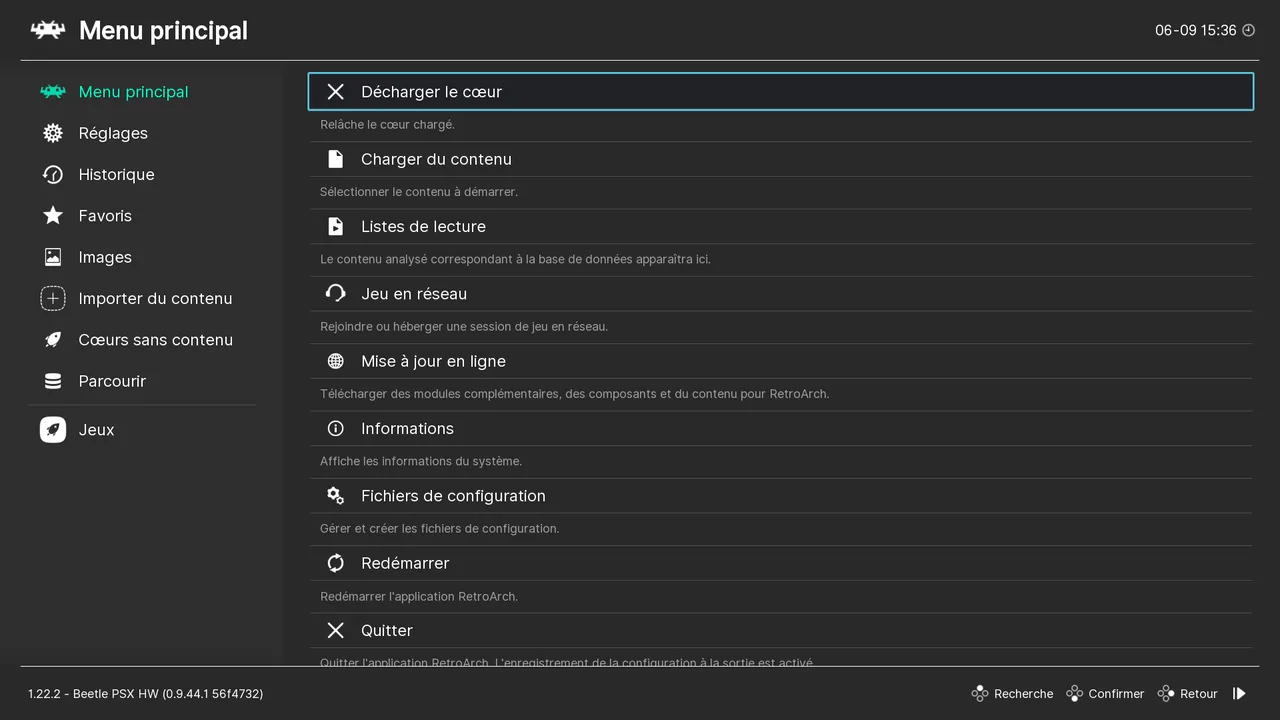 Option Décharger le cœur du menu principal de RetroArch en français