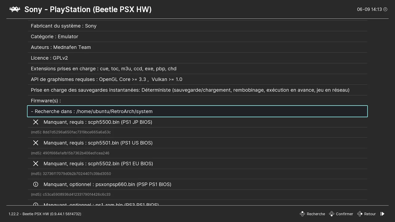 Écran Informations sur le cœur de RetroArch listant les BIOS PlayStation manquants avec leur md5
