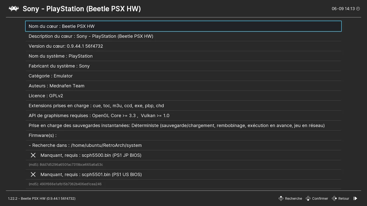 Écran Informations sur le cœur de RetroArch affichant le dossier system, les BIOS PlayStation manquants et leur somme md5