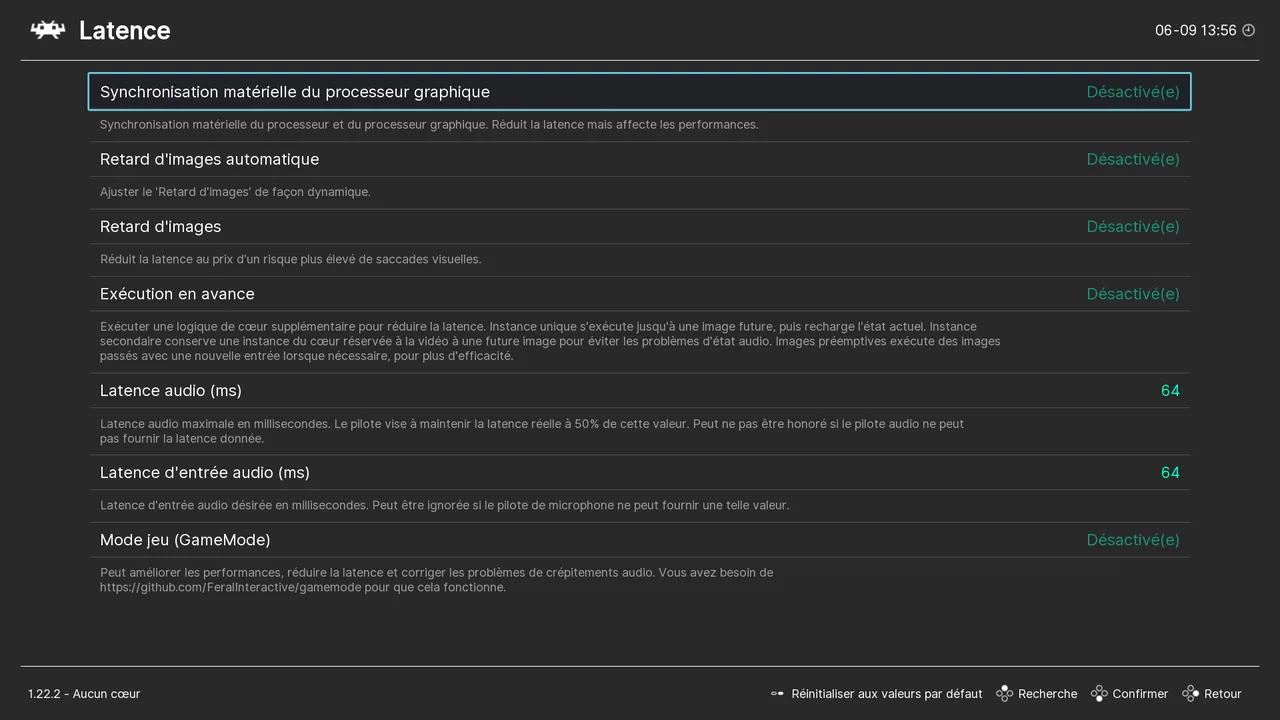 Réglages de latence RetroArch avec l'option Exécution en avance
