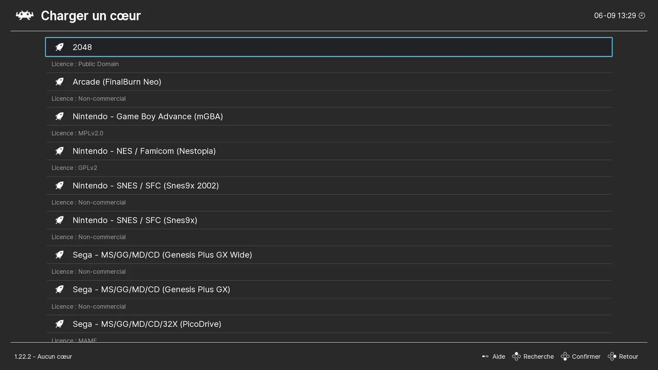 Liste des cœurs RetroArch installés affichée dans le menu Charger un cœur