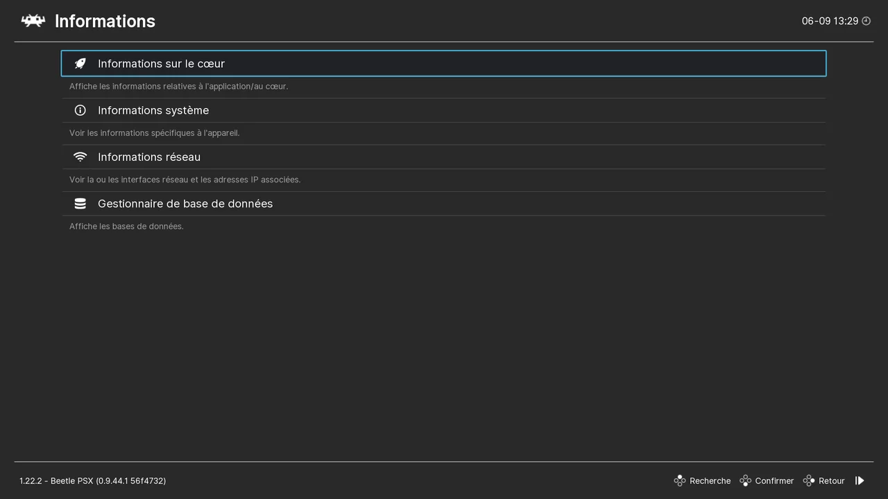 Menu Informations de RetroArch avec l'entrée Informations sur le cœur sélectionnée