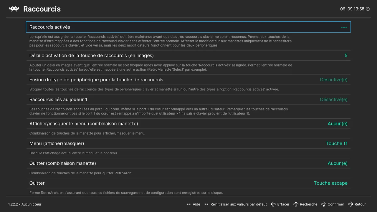 Écran des raccourcis clavier RetroArch avec la touche menu et la touche quitter