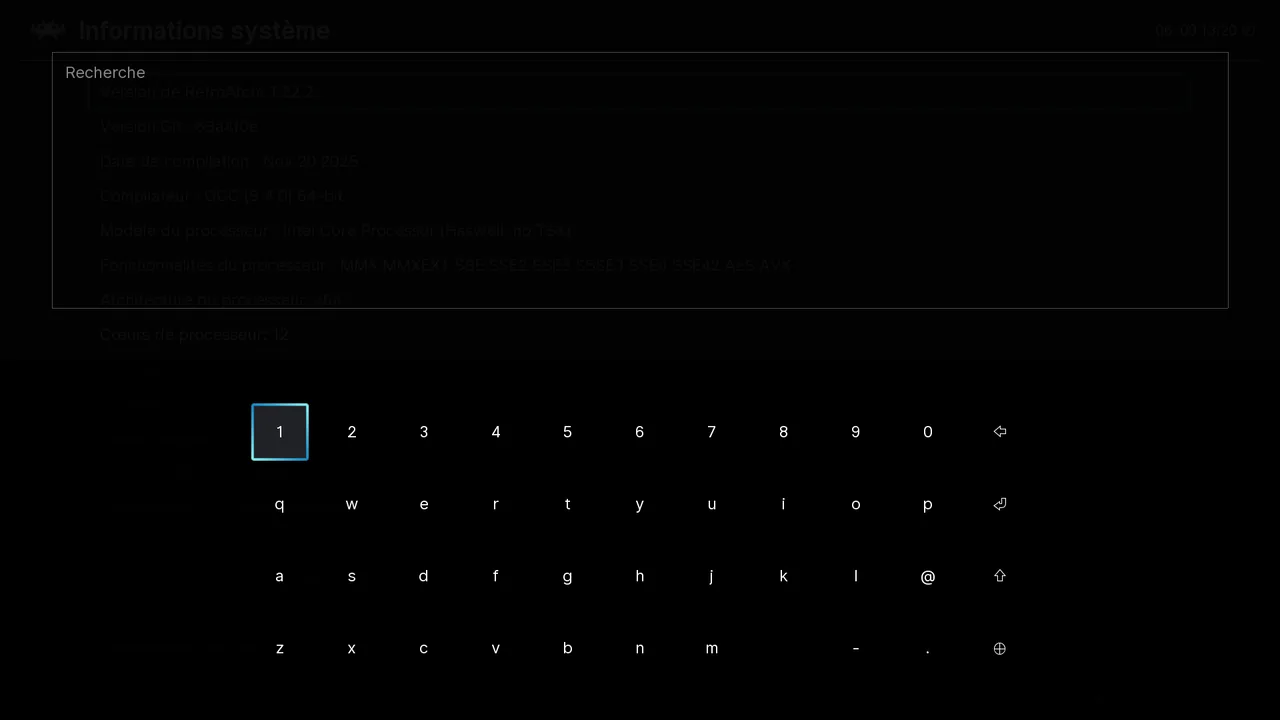 Clavier de recherche RetroArch ouvert avec la touche S pour filtrer les cœurs