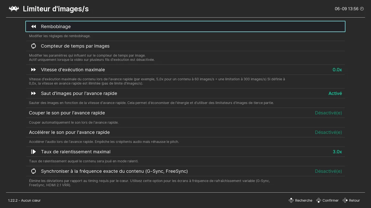 Menu Limiteur d'images par seconde de RetroArch avec l'option Rembobinage