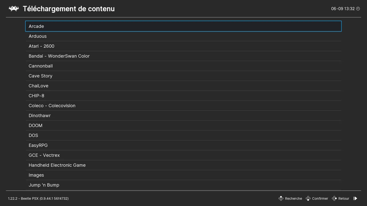 Catalogue de téléchargement de contenu libre RetroArch classé par système