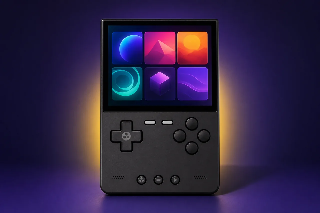 Illustration de la TrimUI Brick, console portable noire au format vertical avec écran 4:3