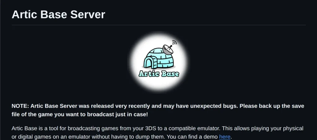 Page GitHub d'Artic Base Server, l'outil qui diffuse les jeux d'une 3DS vers l'émulateur Azahar sans les copier