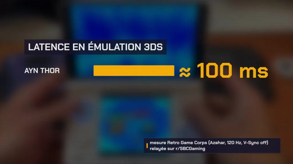 Latence de l'AYN Thor en émulation 3DS, environ 100 millisecondes selon la mesure de Retro Game Corps
