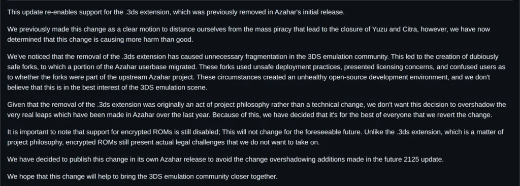 Notes de version Azahar 2124.3 sur GitHub indiquant que le support des ROMs 3DS chiffrées reste désactivé
