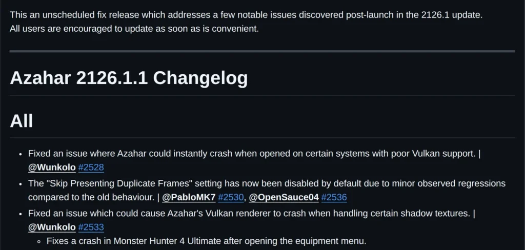Journal des modifications d'Azahar 2126.1.1 sur GitHub, correctifs Vulkan et crash de Monster Hunter 4 Ultimate