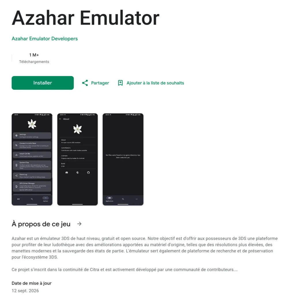 Fiche Google Play de l'émulateur 3DS Azahar sur Android, plus d'un million de téléchargements, mise à jour le 12 septembre 2026