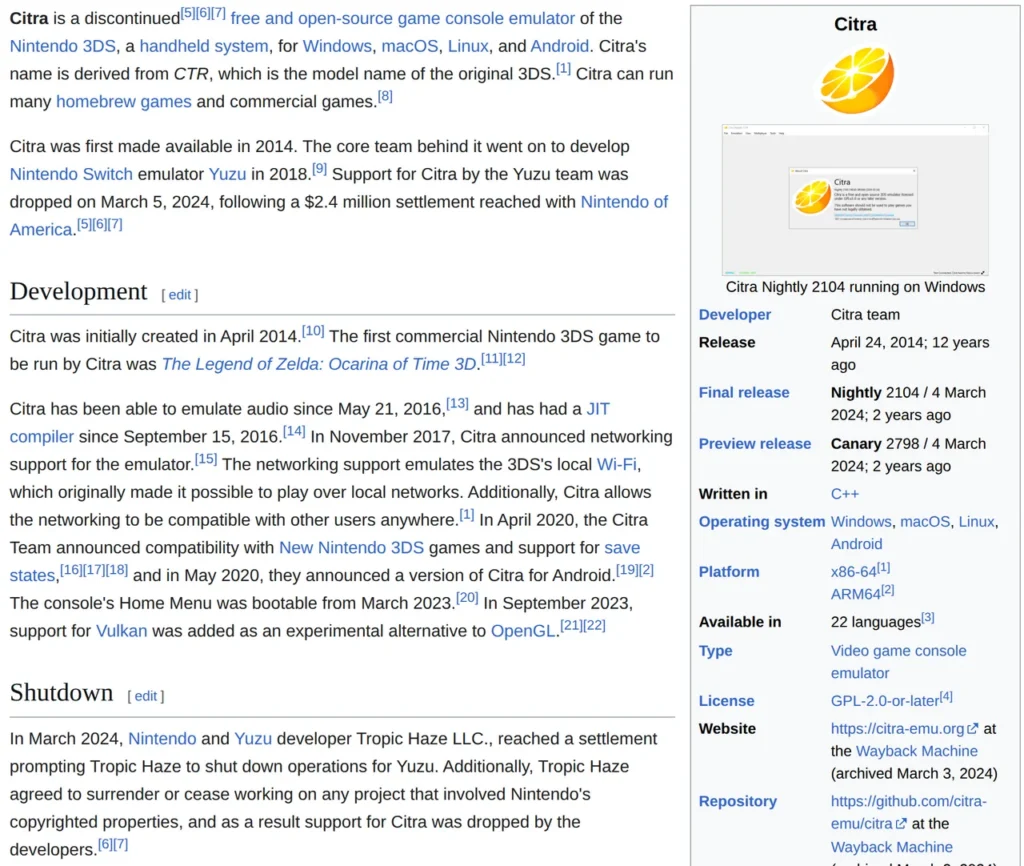 Page Wikipédia de l'émulateur 3DS Citra, abandonné en mars 2024 après l'accord entre Nintendo et les développeurs de Yuzu