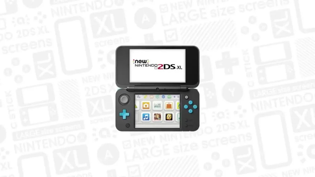 New Nintendo 2DS XL noire et turquoise ouverte, logo sur l'écran du haut et menu HOME sur l'écran tactile du bas