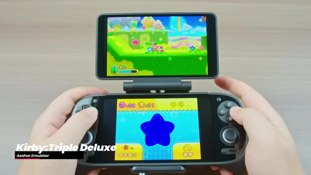 Accessoire double écran Retroid clipsé sur une console Retroid, jeu 3DS lancé dans l'émulateur Azahar sur les deux écrans