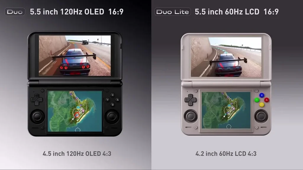 Retroid Pocket Duo noire et Duo Lite grise côte à côte, deux consoles à clapet avec écran du bas au format 4:3